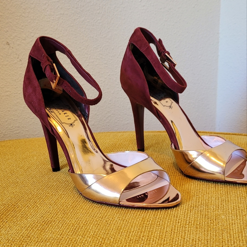 Ted Baker heels size 38 rose gold metallic  burgundy suede
